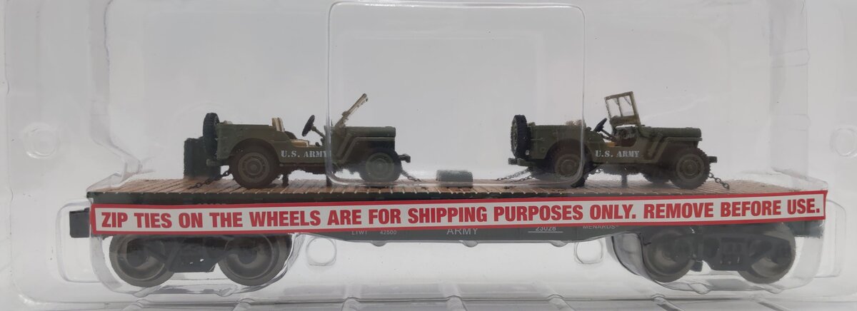 Menards 279-3380 O Army Flatcar w/ Two Jeeps #10287 MT/Box