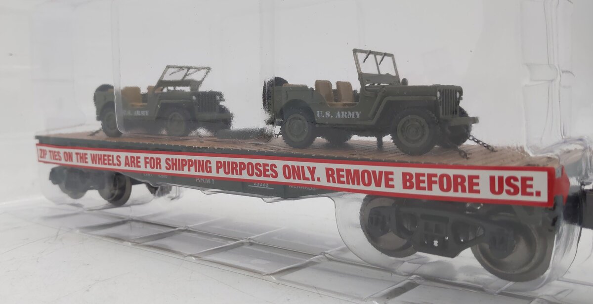 Menards 279-3380 O Army Flatcar w/ Two Jeeps #10287 MT/Box