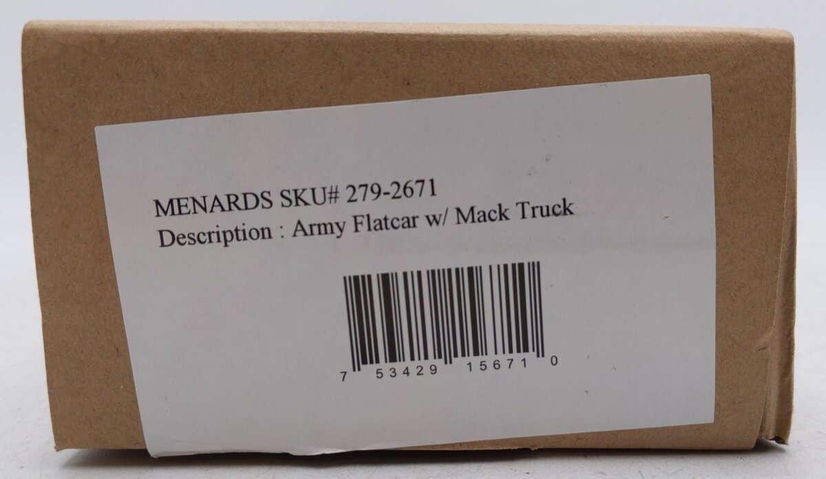 Menards 279-2671 O Gauge Army Flatcar w/ Mack Truck Load #54739 EX/Box