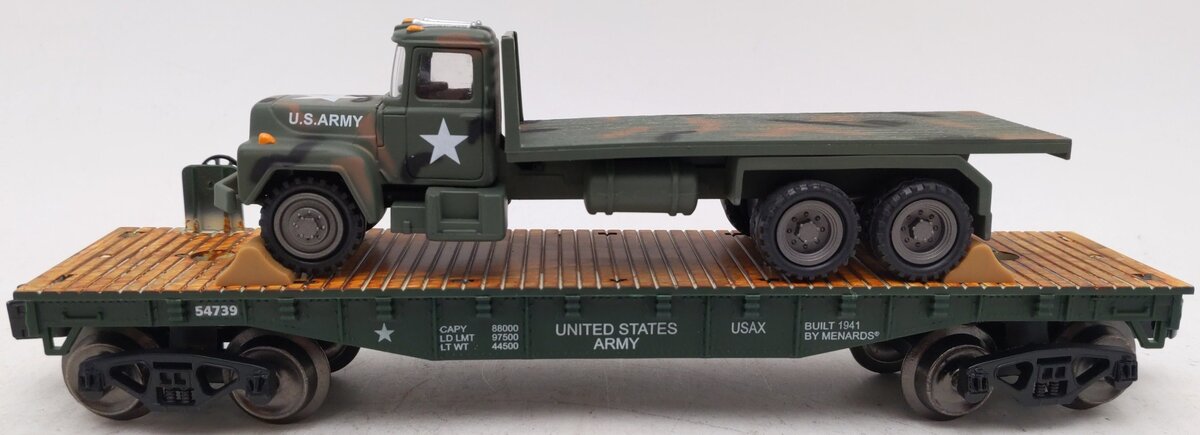 Menards 279-2671 O Gauge Army Flatcar w/ Mack Truck Load #54739 EX/Box