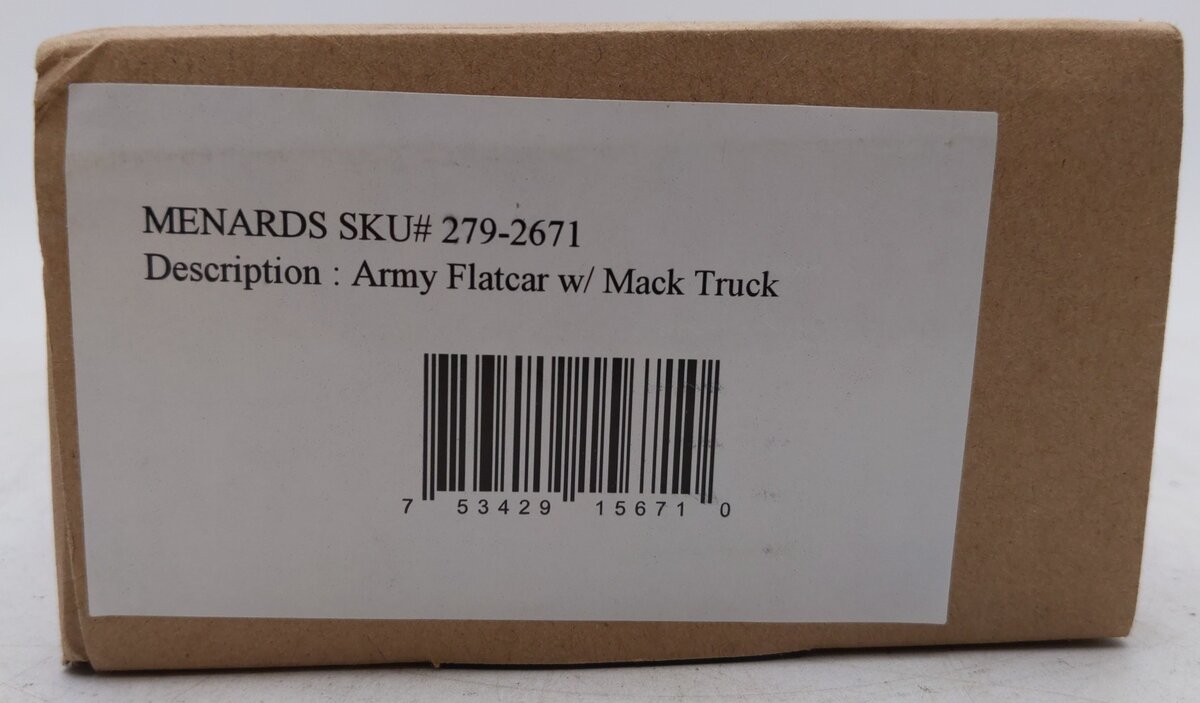 Menards 279-2671 O Gauge Army Flatcar w/ Mack Truck Load #54739 EX/Box