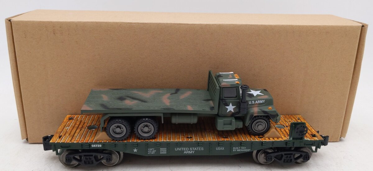Menards 279-2671 O Gauge Army Flatcar w/ Mack Truck Load #54739 EX/Box