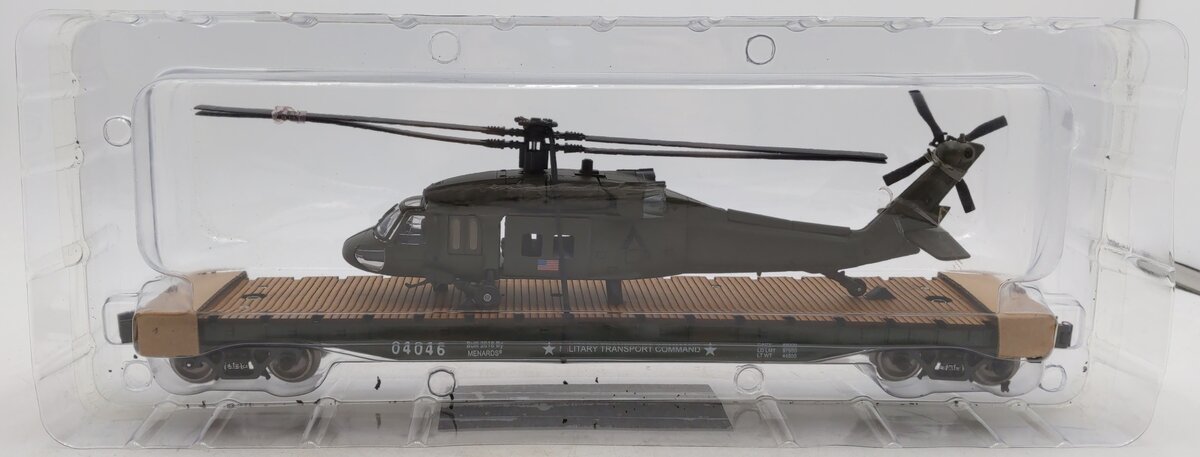 Menards 279-3089 O Gauge U.S. Military Long Flatcar w/ Helicopter #04046 LN/Box