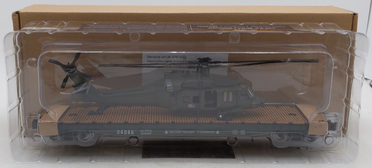 Menards 279-3089 O Gauge U.S. Military Long Flatcar w/ Helicopter #04046 LN/Box