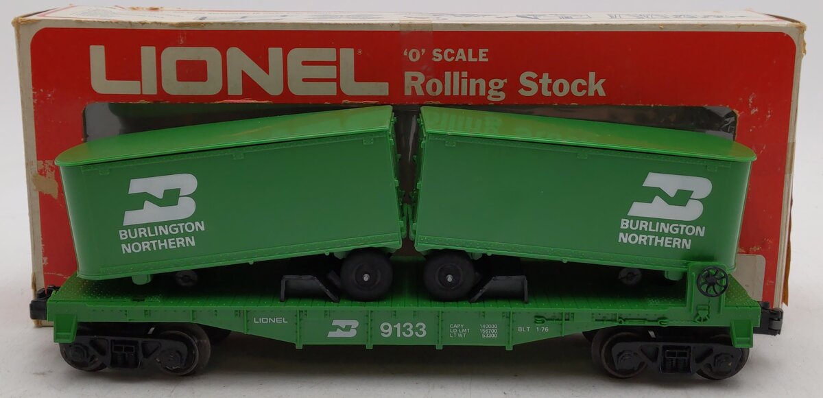 Lionel 6-9133 O Gauge Burlington Northern Flatcar #9133 with Trailers VG/Box