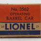Lionel 3562-25 Vintage O Gray AT&SF Operating Barrel Car with Blue Letters VG/Box