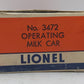 Lionel 3472 O Vintage Operating Milk Car with Platform/Box