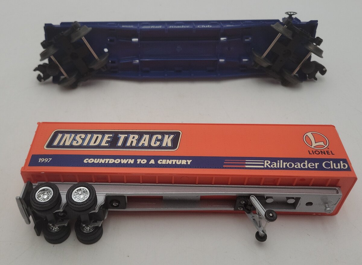 Lionel 6-19437 O Gauge Lionel Rail Roader Club Flatcar w/Inside Track Trailer EX/Box