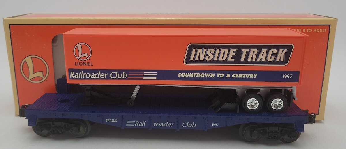 Lionel 6-19437 O Gauge Lionel Rail Roader Club Flatcar w/Inside Track Trailer EX/Box