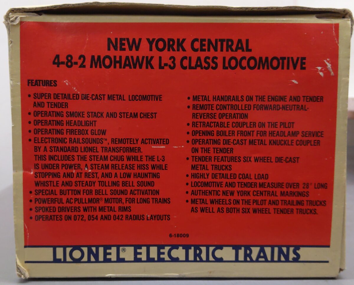 Lionel 6-18009 O Gauge NYC Mohawk 4-8-2 L-3 Steam Locomotive & Tender #3000 EX/Box