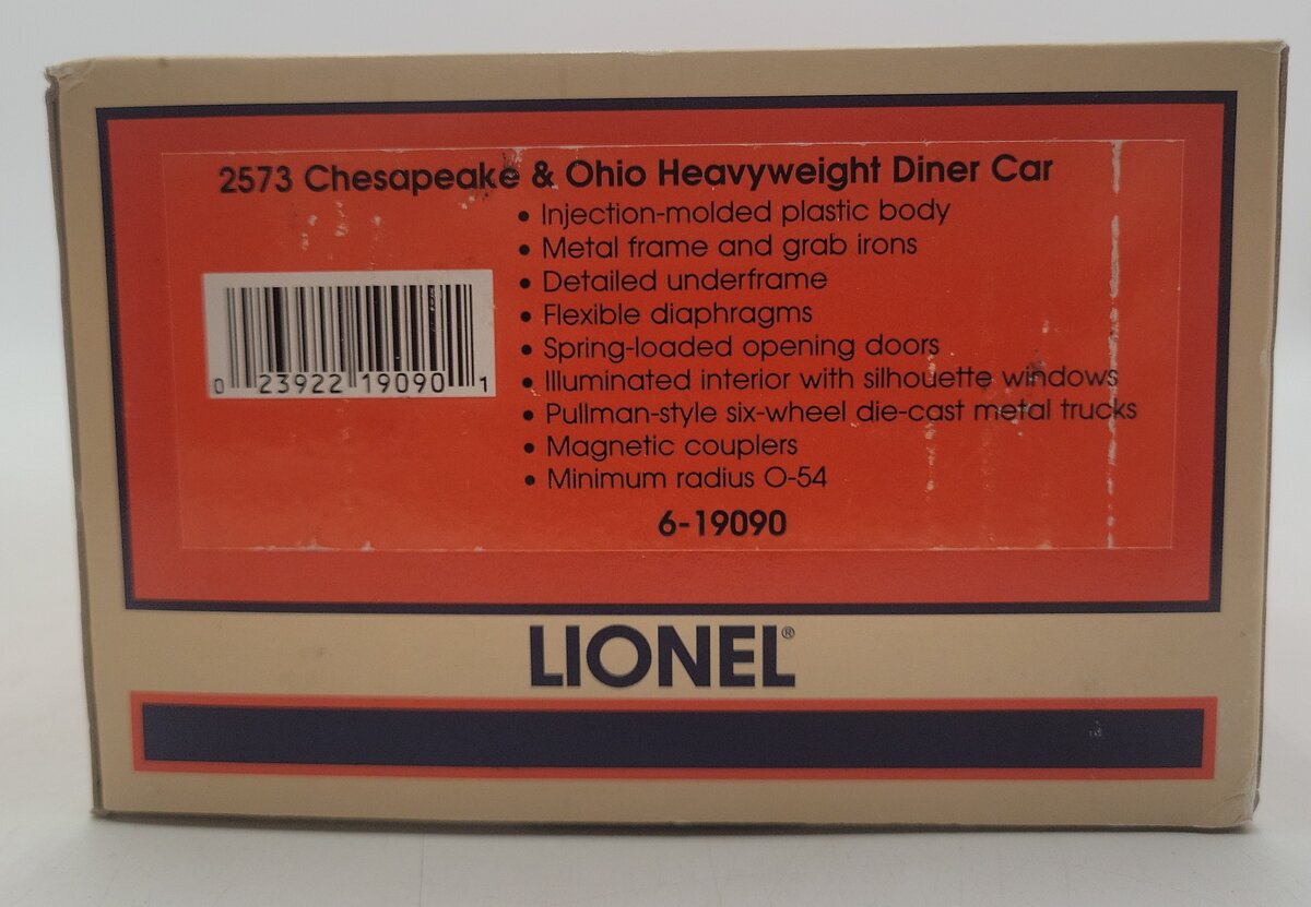 Lionel 6-19090 O Gauge Chesapeake and Ohio Heavyweight Diner Car #2573 EX/Box