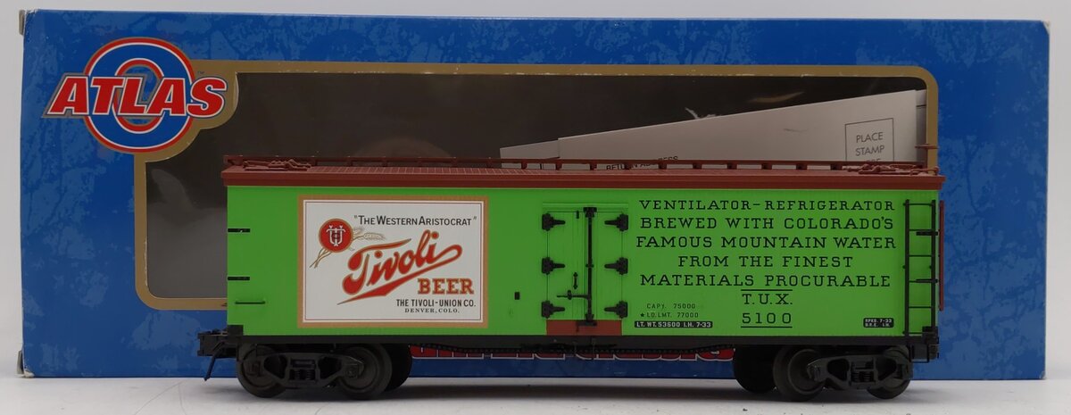Atlas 6728-1 O Gauge Tivoli Beer 40' Woodside Refrigerator Car #5100 (3 Rail) NIB