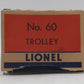 Lionel 60 Vintage O Lionelville Motorized Rapid Transit Trolley EX/Box