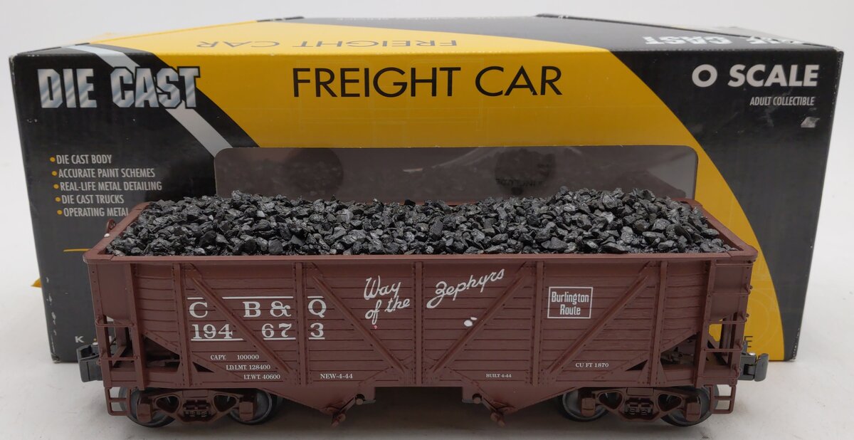 K-Line K6255-1331 O Gauge CB&Q 2-Bay Die Cast Hopper w/ Coal Load #194673 LN/Box