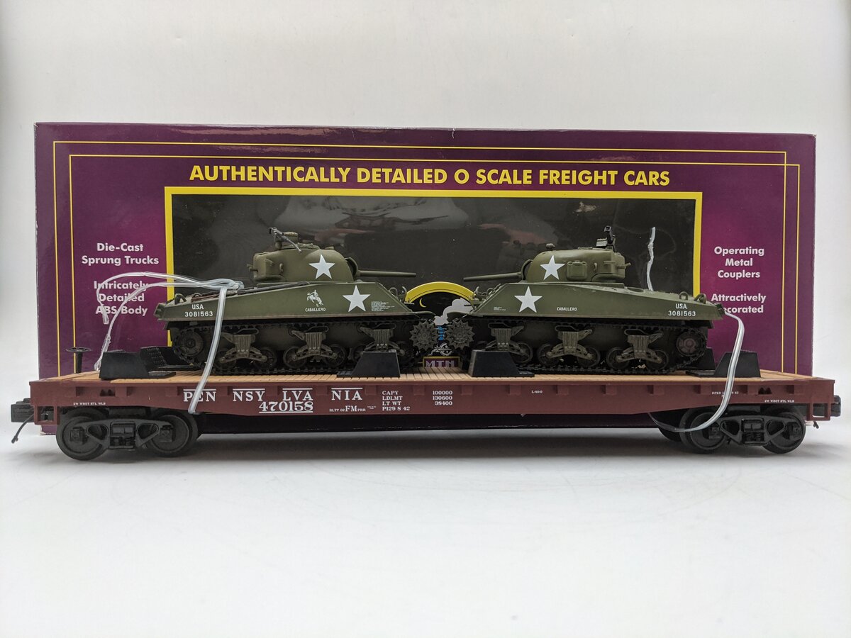 MTH 20-98637 O Gauge Pennsylvania Flat Car with 2 Sherman Tanks #470158 LN/Box