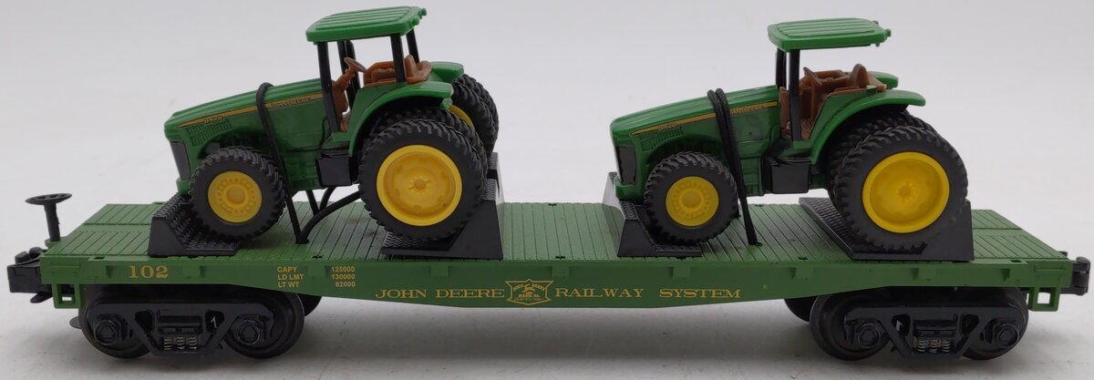 MTH 30-7028B O Gauge John Deere Flatcar w/ Model A Tractors #102 EX