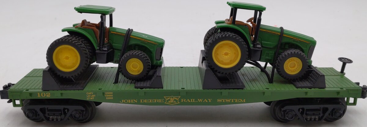 MTH 30-7028B O Gauge John Deere Flatcar w/ Model A Tractors #102 EX