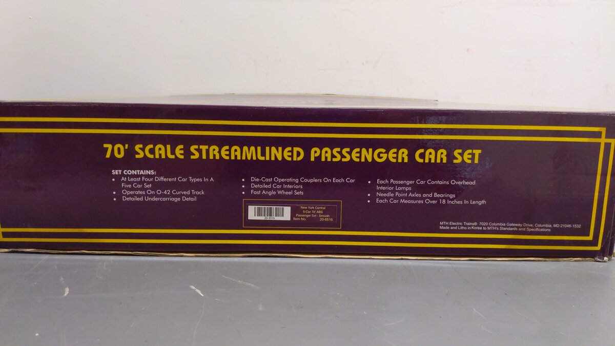 MTH 20-6516 O New York Central 70' Streamlined Passenger Car Set (Set of 5) EX/Box