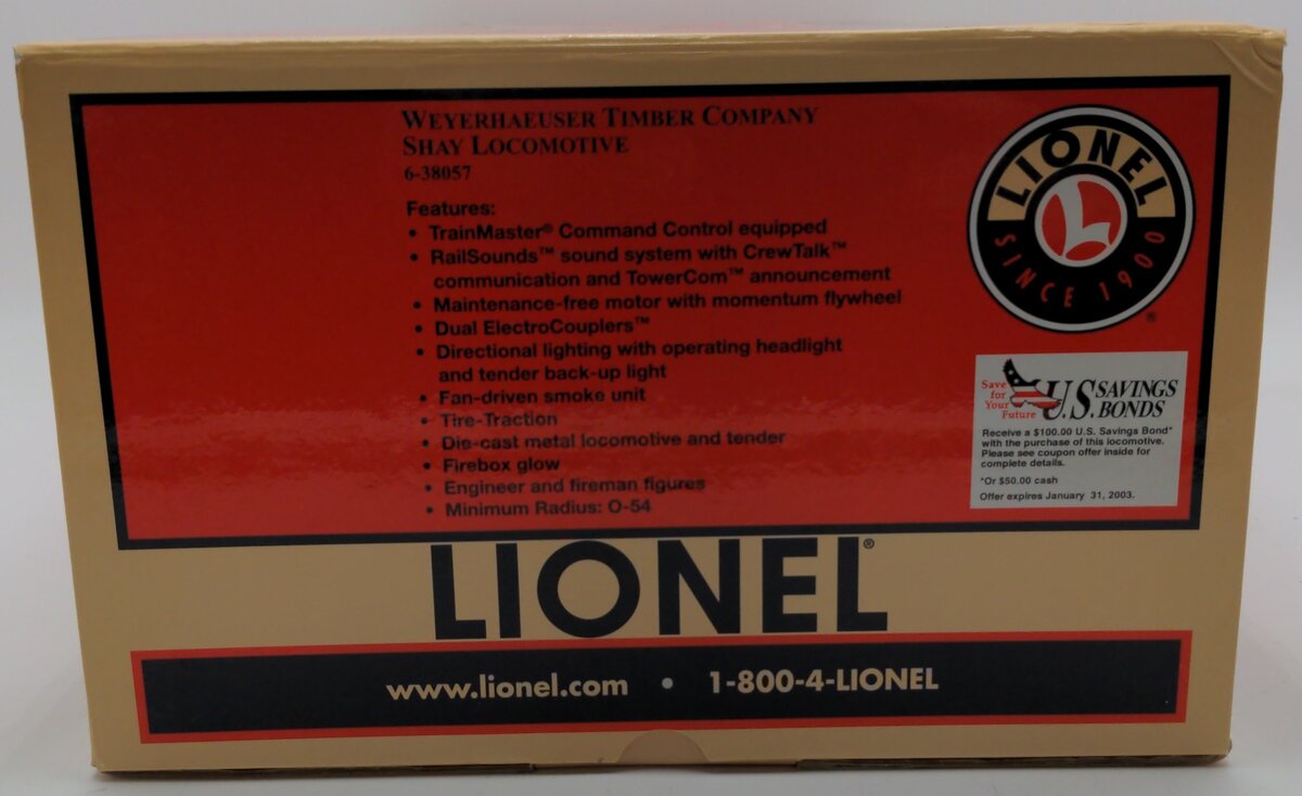 Lionel 6-38057 O Gauge Weyerhaeuser Timber Shay Locomotive #5 EX/Box