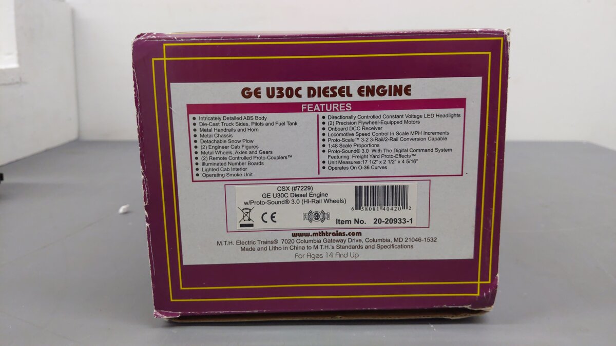 MTH 20-20933-1 O CSX GE U30C Diesel Engine w/PS3 #7229 EX/Box