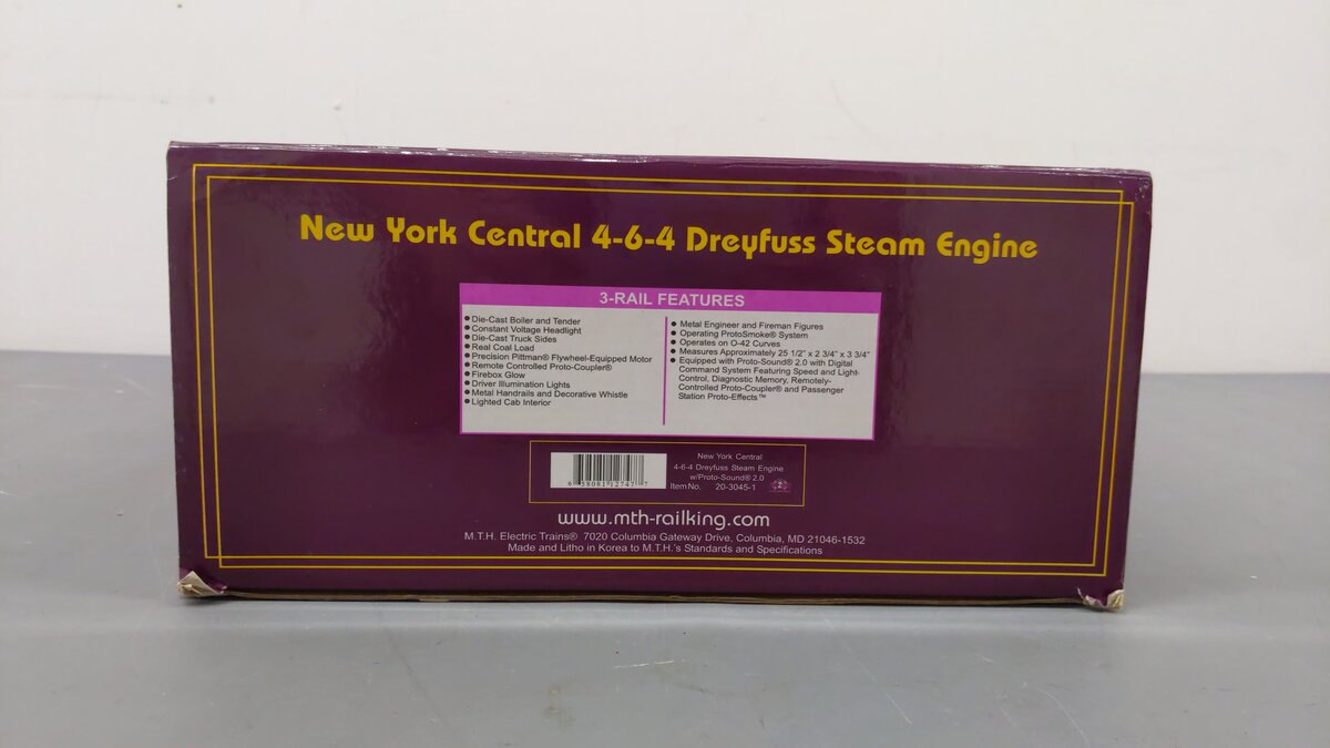MTH 20-3045-1 O New York Central Dreyfuss Hudson Steam Loco & Tender w/PS2 #5445 EX/Box