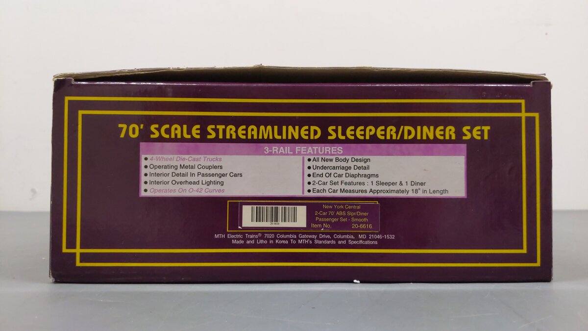MTH 20-6616 O Gauge NYC 70' Streamlined Sleeper/Diner Passenger Cars Set EX/Box