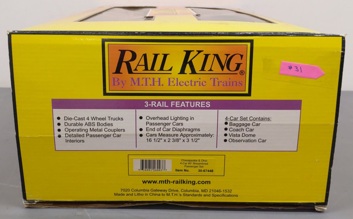 MTH 30-67446 O Chesapeake & Ohio 60’ Streamlined ABS Passenger Set (Set of 4) EX/Box