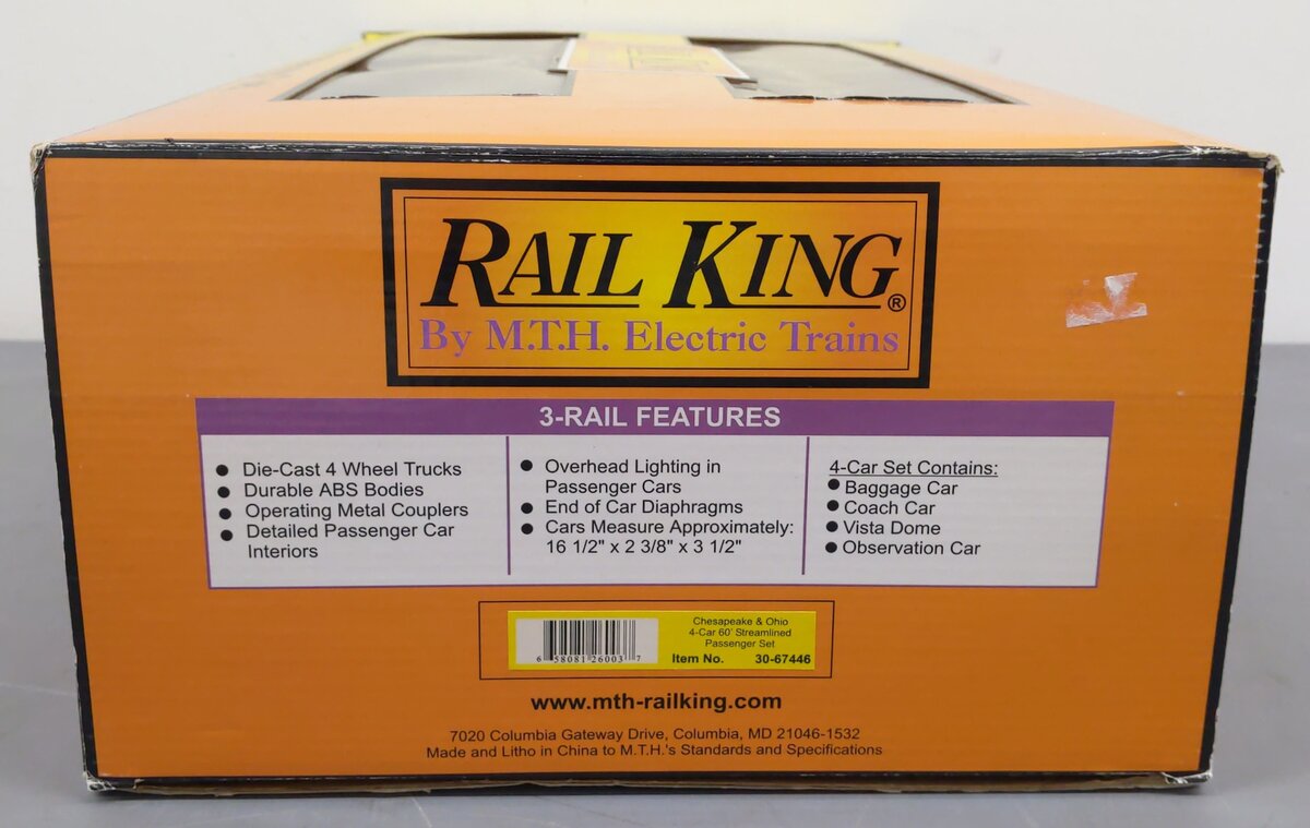 MTH 30-67446 O Chesapeake & Ohio 60’ Streamlined ABS Passenger Set (Set of 4) EX/Box