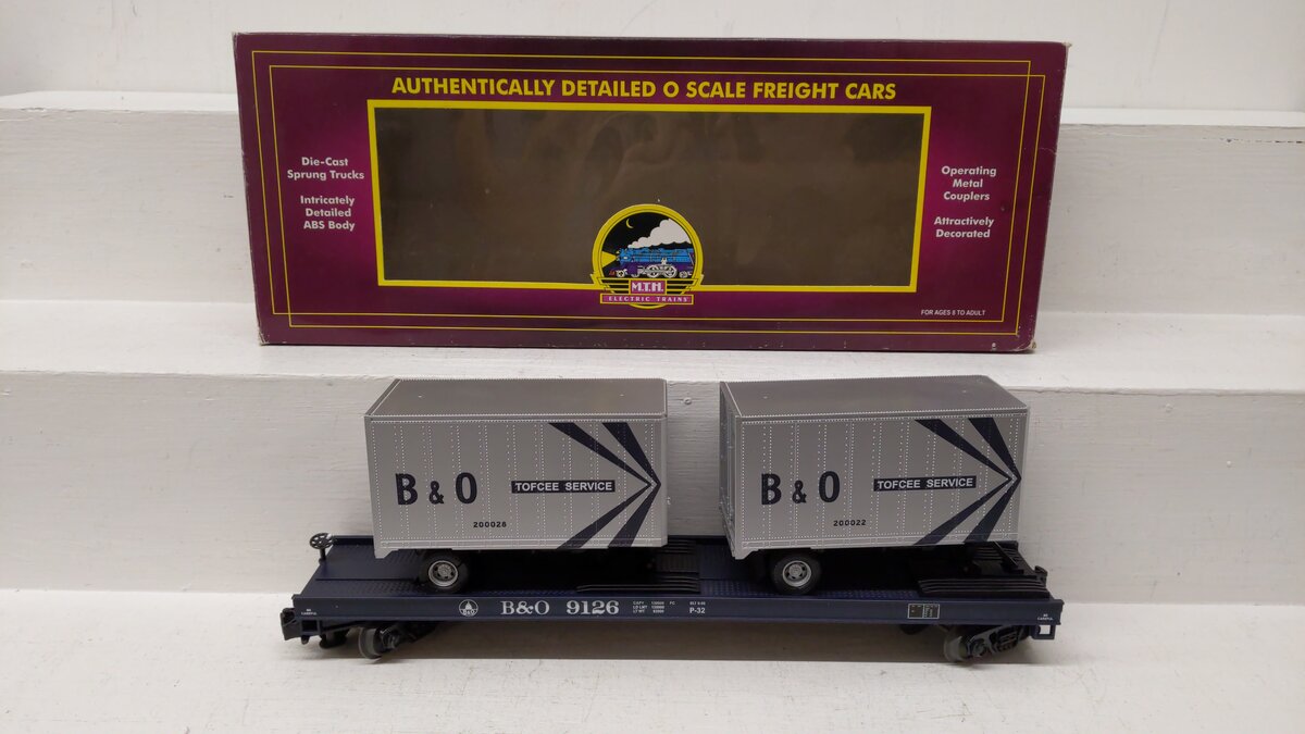MTH 20-98110 O Gauge Baltimore & Ohio Flatcar w/ TOFCEE Trailers #9126 EX/Box