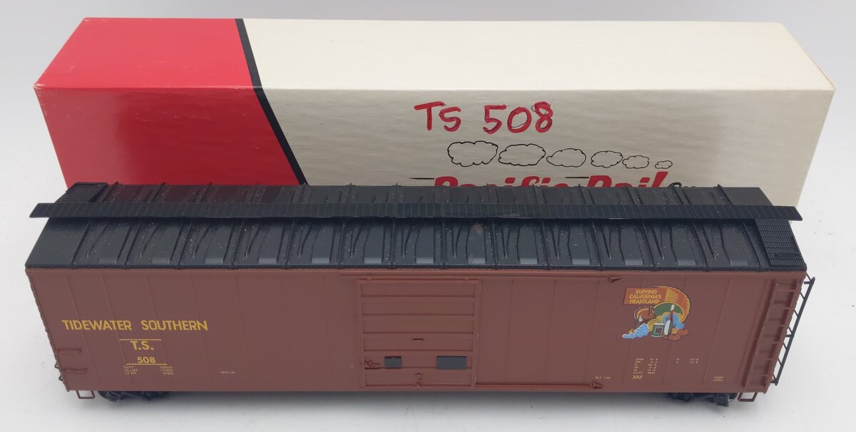 Pacific Rail S-Scale Tidewater Southern 50' SGL DR Pacific Gold Boxcar Kit #508 VG/Box