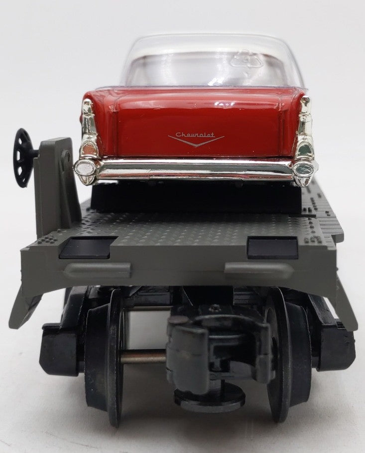 MTH 30-7610 O Gauge MTH Lines Flat Car with 2 Red Ertl '57 Chevys LN/Box