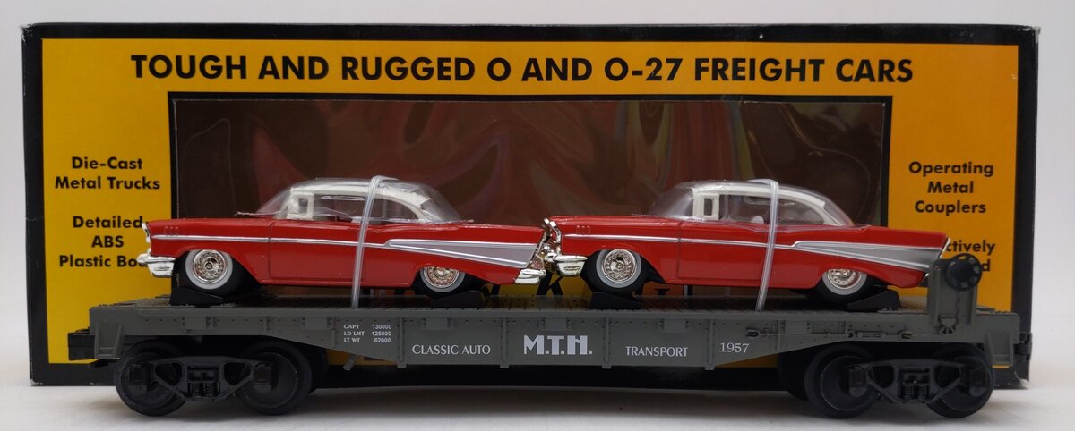 MTH 30-7610 O Gauge MTH Lines Flat Car with 2 Red Ertl '57 Chevys LN/Box