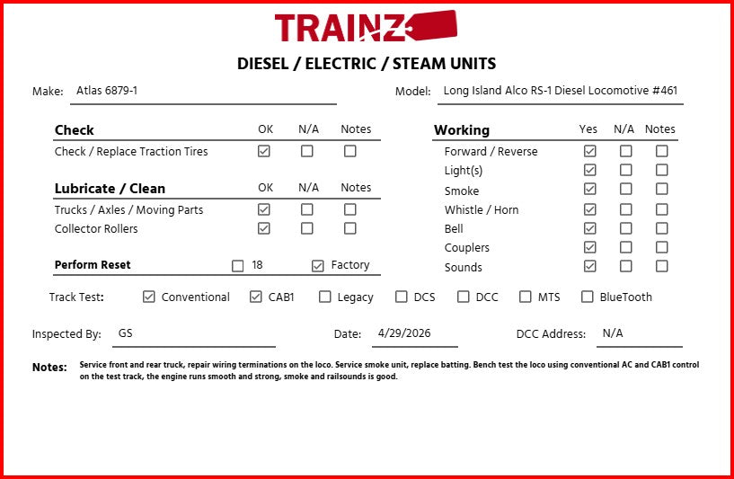 Atlas 6879-1 O Scale Long Island Alco RS-1 Diesel Locomotive #461 EX/Box