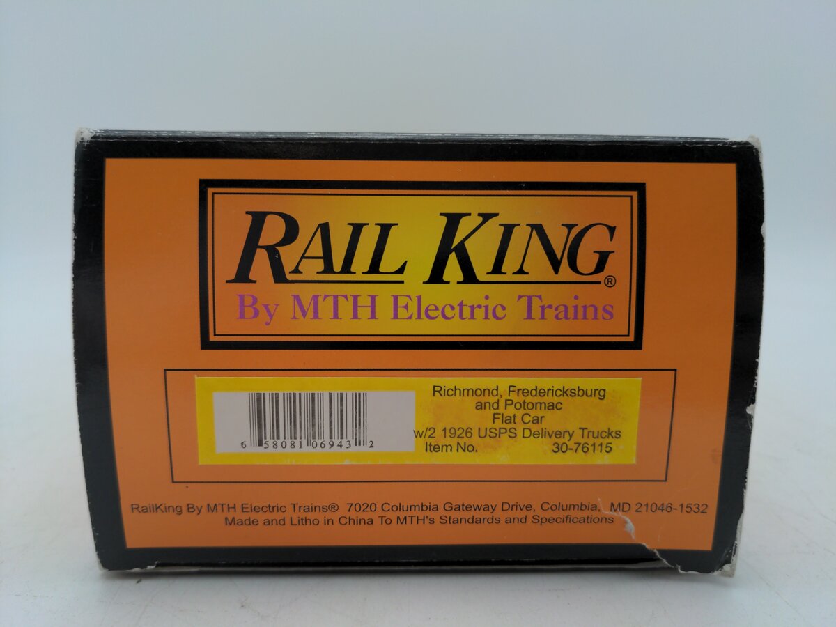 MTH 30-76115 O Gauge RF&P Flatcar with 2 1926 USPS Trucks VG/Box