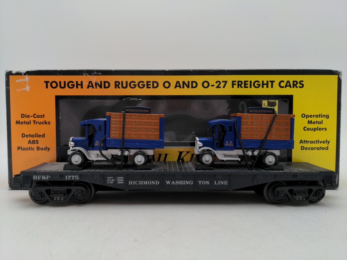 MTH 30-76115 O Gauge RF&P Flatcar with 2 1926 USPS Trucks VG/Box