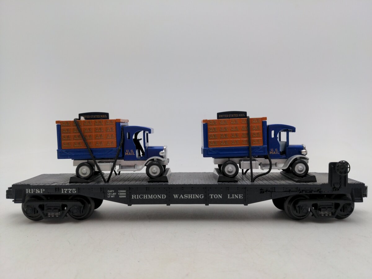 MTH 30-76115 O Gauge RF&P Flatcar with 2 1926 USPS Trucks VG/Box