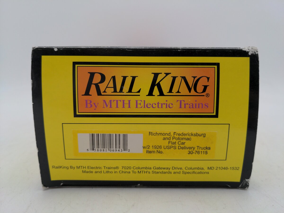MTH 30-76115 O Gauge RF&P Flatcar with 2 1926 USPS Trucks VG/Box