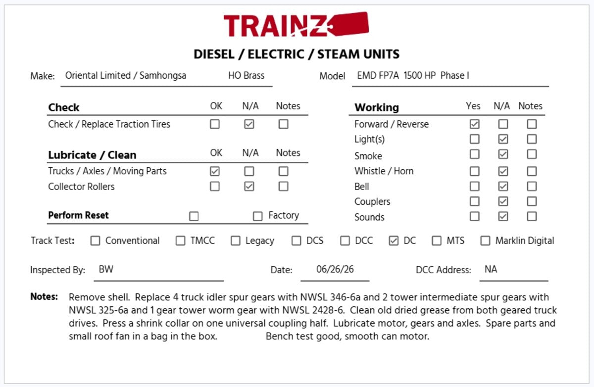 Oriental Limited HO BRASS EMD FP7A 1500HP Phase I Diesel Locomotive - Unpainted EX/Box