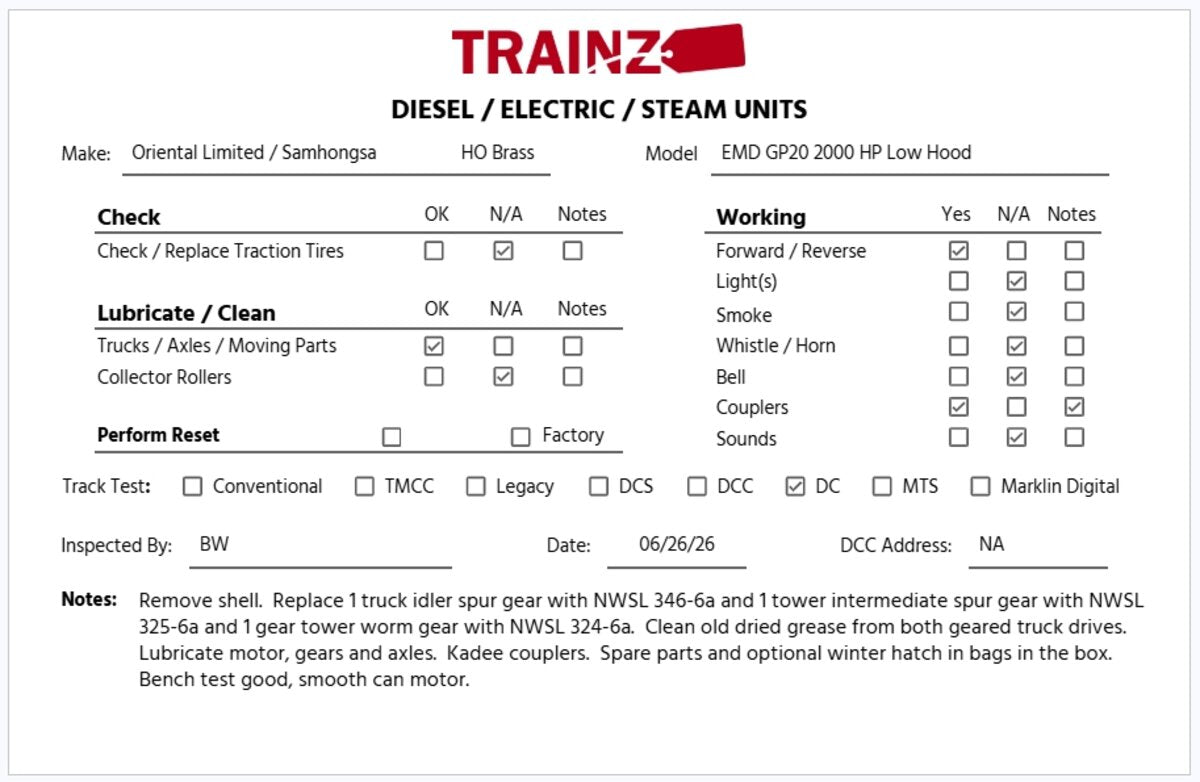 Oriental Limited HO BRASS EMD GP20 2000HP Low Hood Diesel Locomotive - Unpainted EX/Box