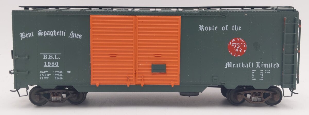 Pacific Rail S-Gauge Bent Spaghetti Lines 40' Dbl. Dr. Stl. Boxcar Kit #1980 EX/Box
