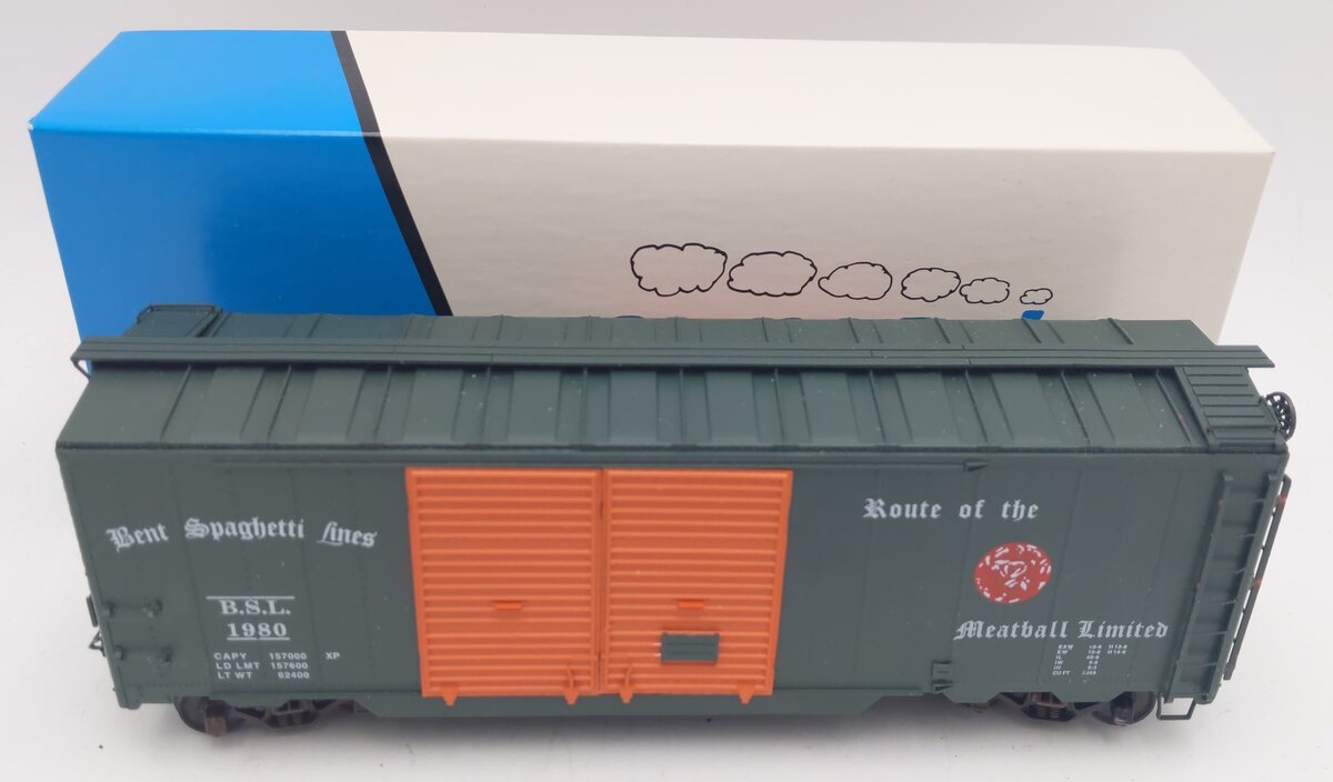 Pacific Rail S-Gauge Bent Spaghetti Lines 40' Dbl. Dr. Stl. Boxcar Kit #1980 EX/Box