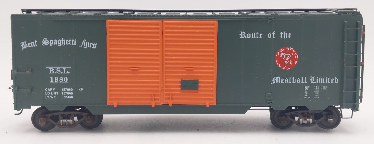 Pacific Rail S-Gauge Bent Spaghetti Lines 40' Dbl. Dr. Stl. Boxcar Kit #1980 EX/Box