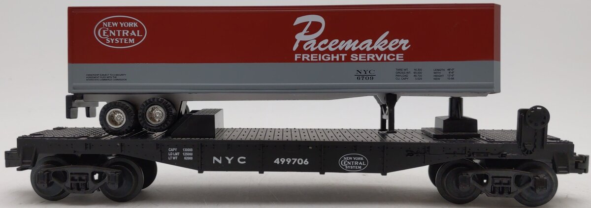 MTH 30-7608 O Gauge New York Central Pacemaker Flatcar with Trailer #499706 EX/Box