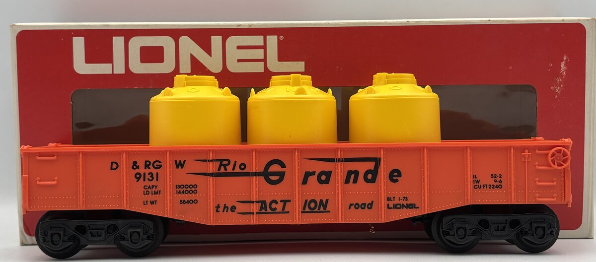 Lionel 6-9131 O Gauge Denver and Rio Grande Western Long Gondola with Cannisters EX/Box