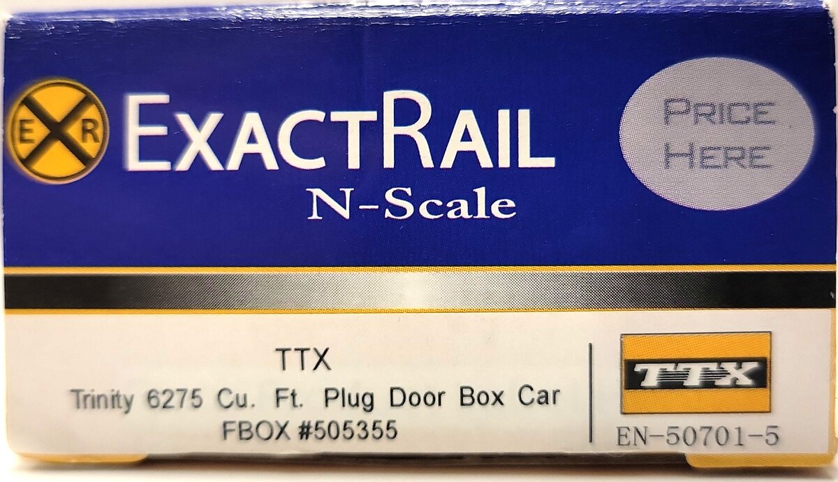 ExactRail EN-50701-5 N Scale TTX Trinity 6275 Cu. Ft. Plug Door Box Car #505355 LN/Box