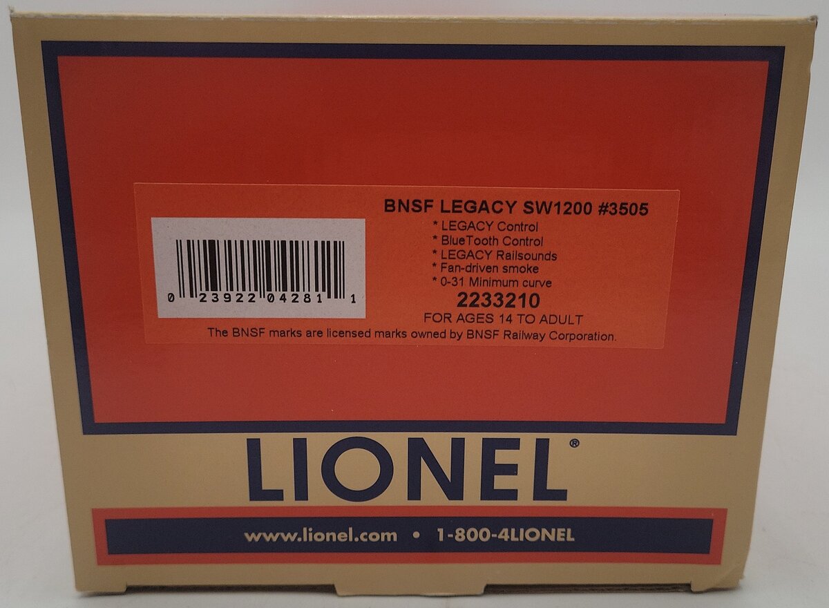 Lionel 2233210 O Gauge BNSF Legacy SW1200 Diesel Locomotive #3505 EX/Box