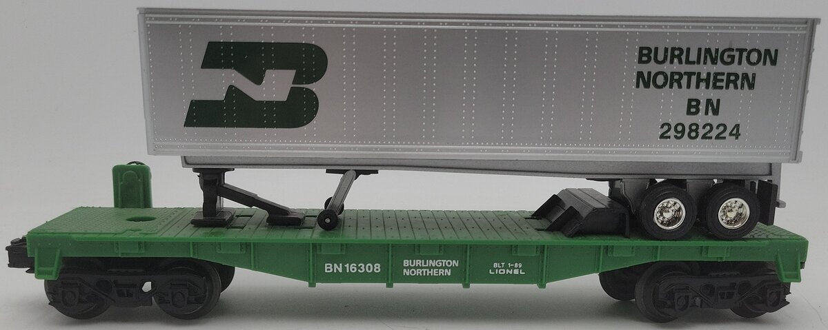Lionel 6-16308 O Gauge Burlington Northern Flatcar w/Trailer #298224 VG