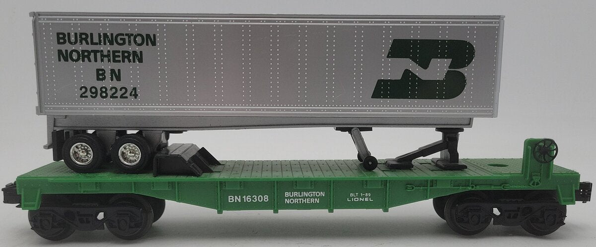 Lionel 6-16308 O Gauge Burlington Northern Flatcar w/Trailer #298224 VG