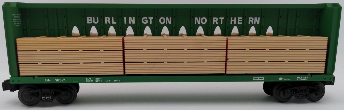 Lionel 6-16371 O Gauge Burlington Northern I-Beam Flat Car #16371 w/Wood Load EX