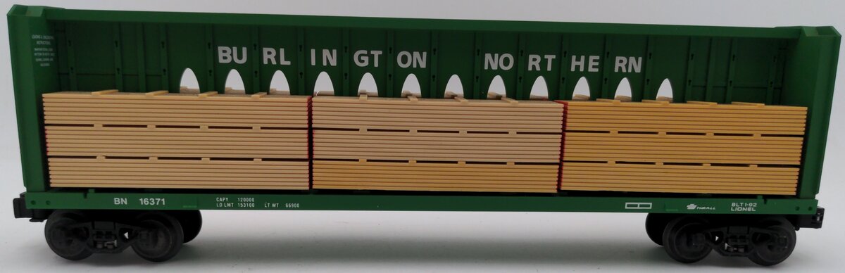 Lionel 6-16371 O Gauge Burlington Northern I-Beam Flat Car #16371 w/Wood Load EX